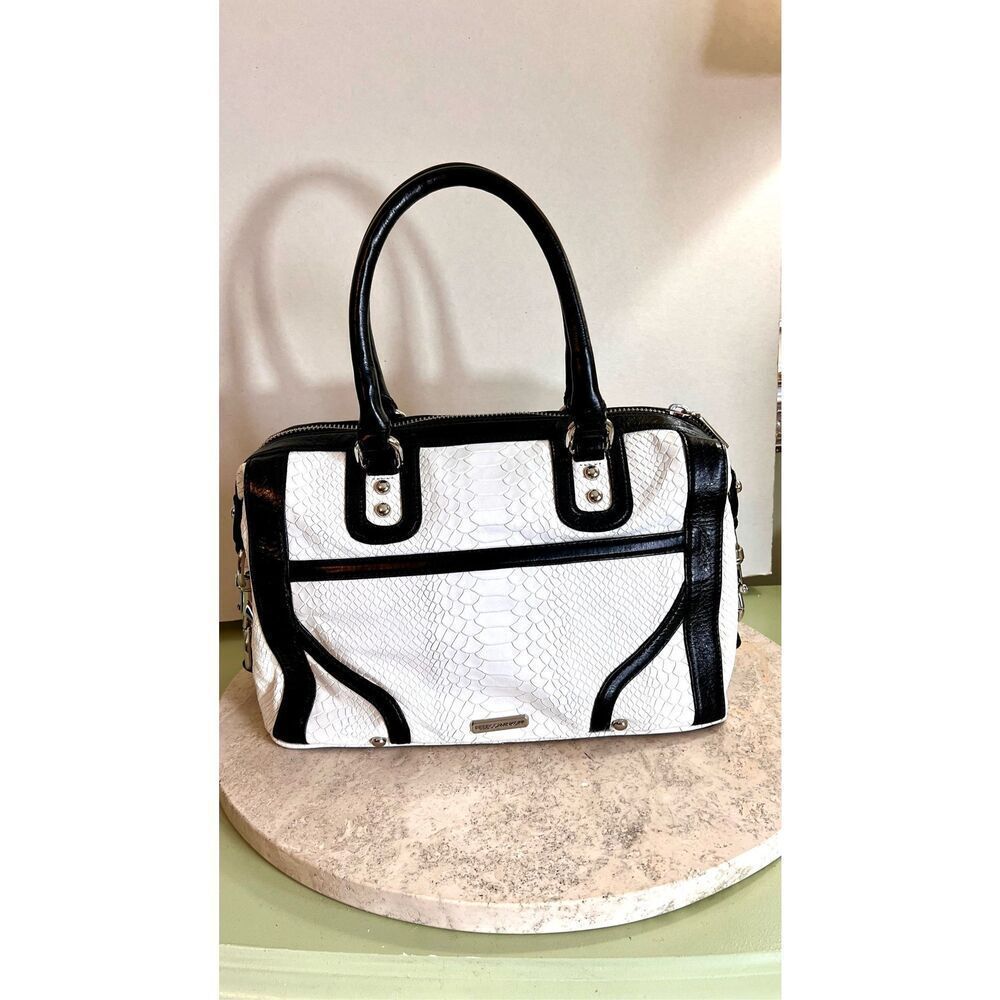 Rebecca Minkoff Womens White Black Snake Print Double Handle Satchel Bag